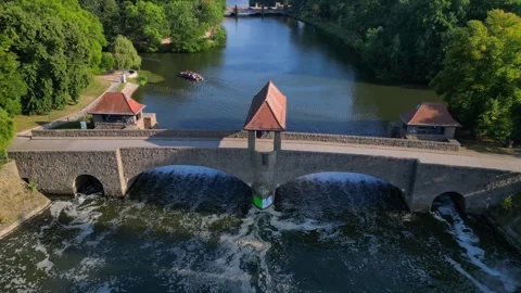River Elster weir, bridge in Leipzig summer. Best aerial view flight drone Stock Footage 283820611