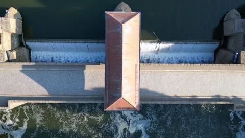River Elster weir, bridge in Leipzig summer. Great aerial view flight drone Stock Footage 283820641