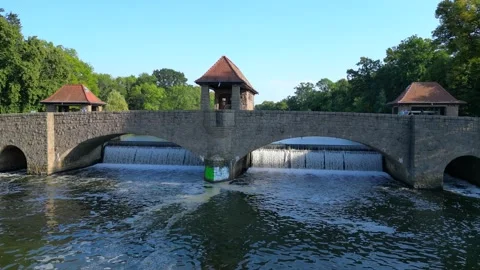 River Elster weir, bridge in Leipzig summer. Wonderful aerial view flight drone 스톡 동영상 283820695