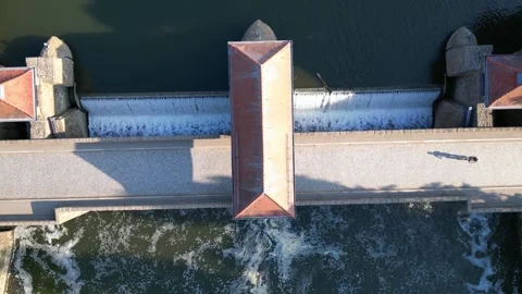 River Elster weir, bridge in Leipzig summer. Nice aerial view flight drone Video stock 283820717