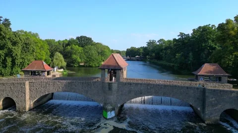 River Elster weir, bridge in Leipzig summer. Fantastic aerial view flight drone Video stock 283820874