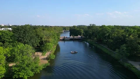 River Elster weir, bridge in Leipzig summer. Marvelous aerial view flight drone Stock Footage 283821036