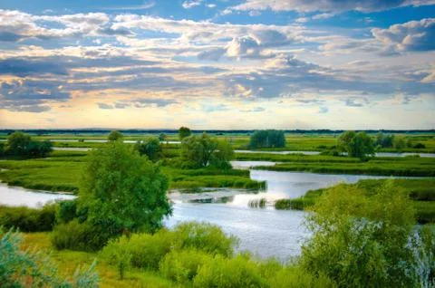 The river the evening of expressive clouds and a meandering river in summer 写真素材
