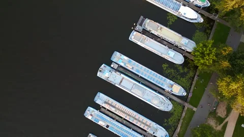 River excursion ship Berlin Germany summer. Smooth aerial top view flight drone Stock Footage 260650563