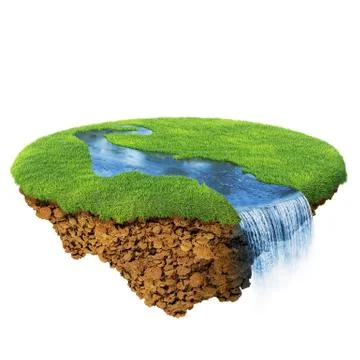 River with falls on the little magic planet. piece of land in the air. Stock Illustration