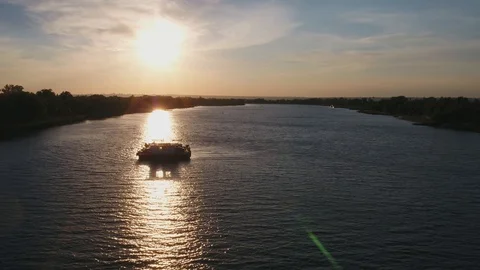 River ferry at sunset, Don river, Russia, aerial view Stock Footage 122919192