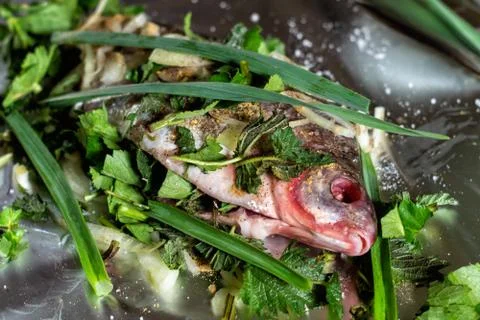 River fish with onions, herbs, pepper and salt, prepared for baking on barbec Stock Photos