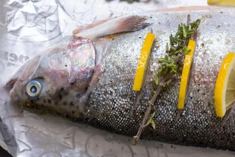 River fish trout on a baking sheet stuffed with lemon wedges and a sprig of g Stock Photos