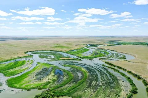 River flood beautiful pattern view from the sky 스톡 사진