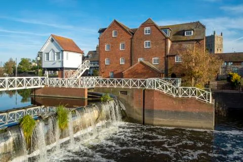 River flood control scheme by restored Abbey Mill at Tewkesbury Stock Photos