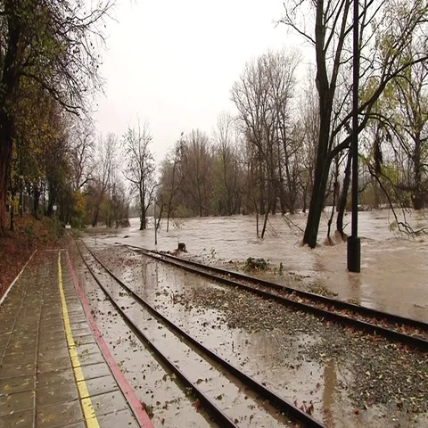The river flooded railway tracks Stock Footage 69295923
