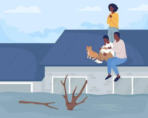 River flooding event flat color vector illustration Stock Illustration