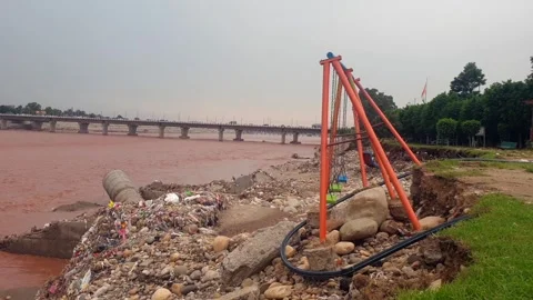 River Flooding in Jammu Due to Heavy Rainfall Stock Footage 315971189
