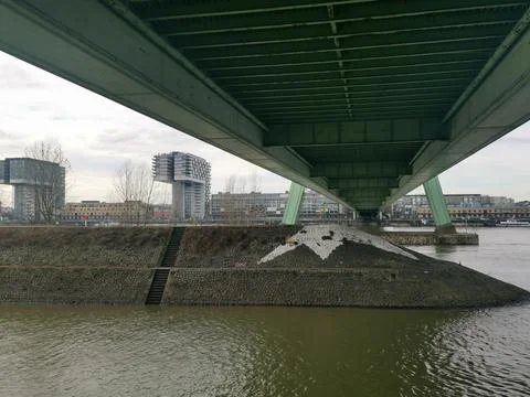 River flooding to scale under the bridge of Sankt Serverin Stock Photos