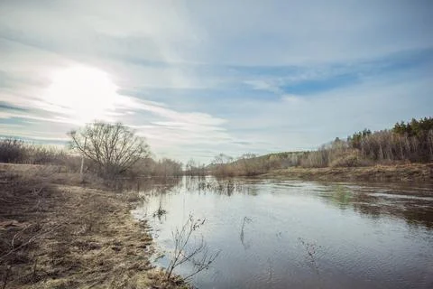 River flooding in spring in April Stock Photos