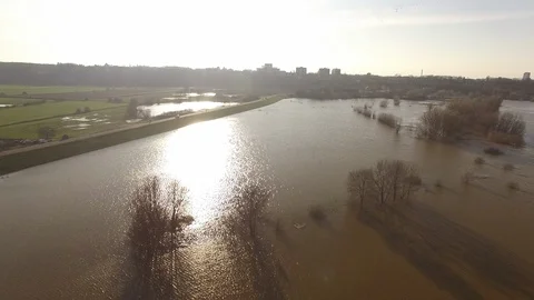 River floods overflow in the Netherlands at the dikes Stock Footage 85892123