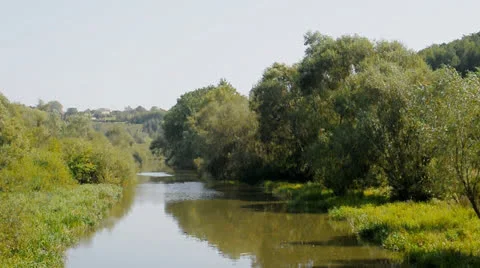 River flow along the banks with trees and grass Stock Footage 22748267