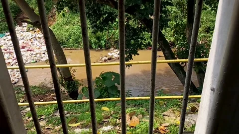 The river flow that is contaminated by plastic waste Stock Footage 309872495