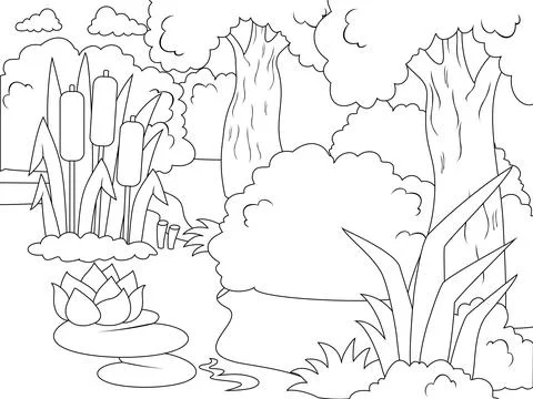 River flow scene. Hand drawn landscape, boat on shore Stock Illustration