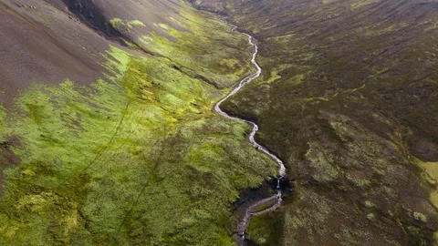 River flow through volcanic Icelandic mountain valley with greenery Stock Footage 338399902