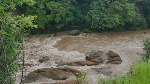 River flow when it rains overnight on a large, rocky river. Video stock 277213664
