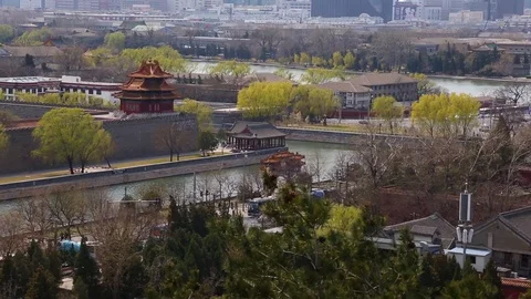 River flowing alongside city settlement in Beijing Stock Footage 88833684