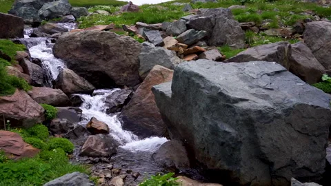 A river flowing among rocks surrounded by green grass Stock Footage 310663974
