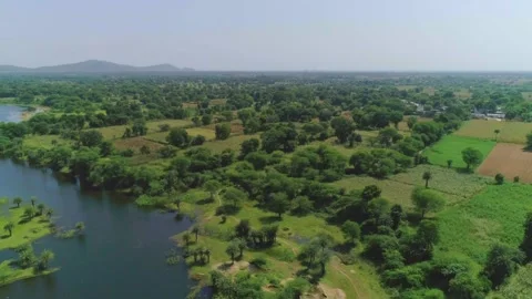 River flowing between the farm and village Stock Footage 218287948