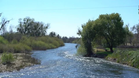 River Flowing, Blue Sky, Spring Sunny Day,  4K Stock Footage 105178731
