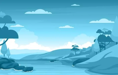 River Flowing Forest Environment Beautiful Rural Nature Landscape Illustratio Stock Illustration