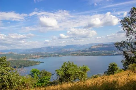 River flowing in middle of hills 스톡 사진