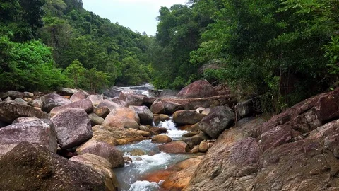 River flowing over large rocks against lush vegetation of tropical forest Video stock 94263666