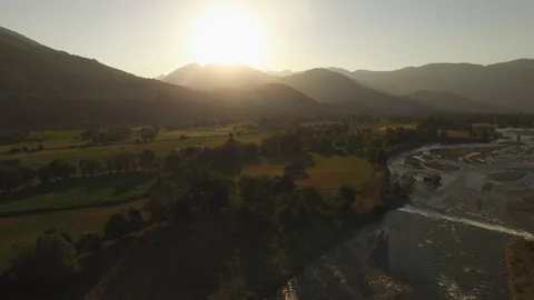 River flowing in the sunset and mountain and prairie, Cauterets, France Stock Footage 103706664