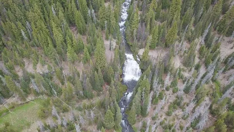 River flowing through forest, aerial. Beautiful fall river with rocks and trees. Stock Footage 129350417