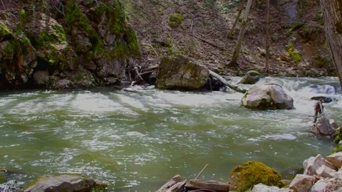 River flowing through the forrest, entering gorge Stock-Footage 159791668
