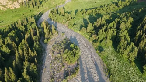 River flowing through green valley surrounded by mountains Video stock 312446652