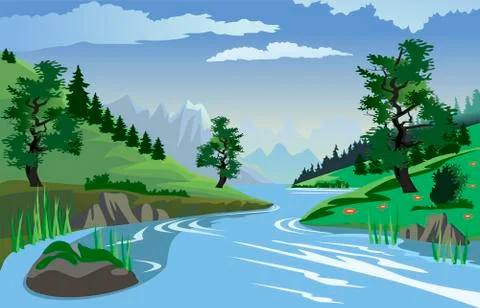 River flowing through hills Stock Illustration