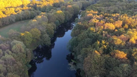 River Flowing Through Lush Vegetation In Begonte, Spain - Aerial Drone Shot Stock Footage 320609813