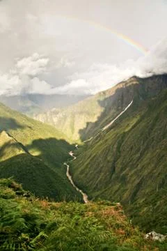 River flowing through the mountains in Cusco, Peru. Stock Photos