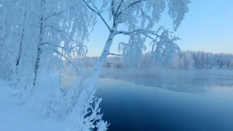 River flowing through snow and frost covered winter landscape Stock Footage 147970821