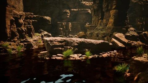The river flowing through the valley of huge red rocks Stock Illustration