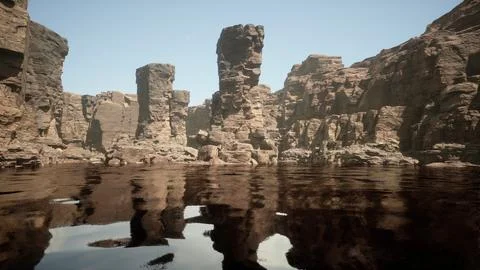 The river flowing through the valley of huge red rocks Ilustração Stock