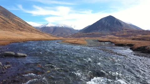 River flowing through valley with snowy mountains Stock Footage 310124628