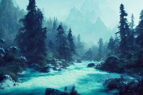 River flowing through a winter forest, Water painting style Stock Illustration