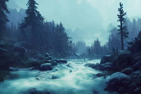 River flowing through a winter forest, Water painting style Stock Illustration