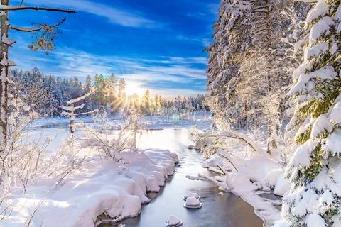 River flowing through the winter forest in Sweden Stock Photos