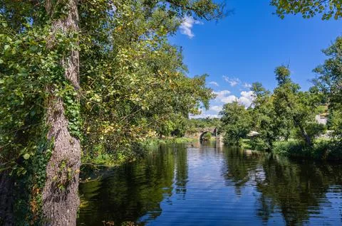 River flowing under ancient stone bridge surrounded by green trees Foto stock