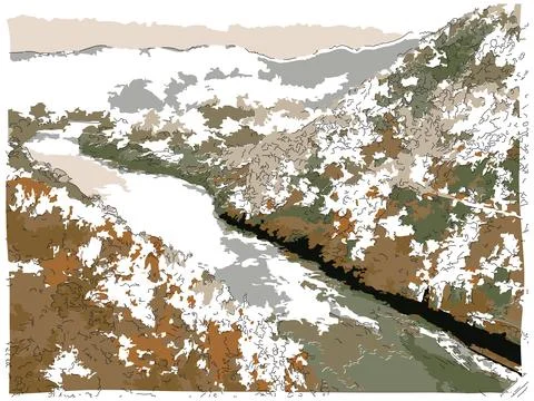 The river flows along the foothills Stock Illustration