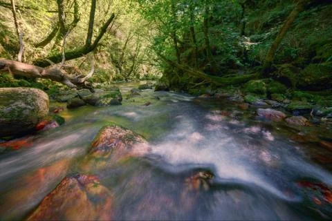 River Flows Between Colorful Limestone Rocks Foto stock