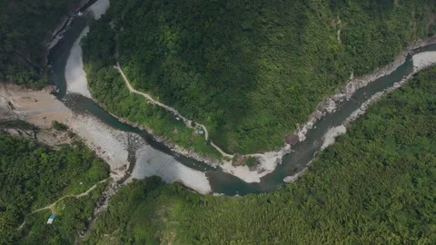 River Flows Between Mountains 4K Stockbeeldmateriaal 307379770